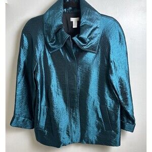 Chicos Lustrous Shine Sindy Blazer Jacket Women Sz 1 Large Teal Blue Button Up